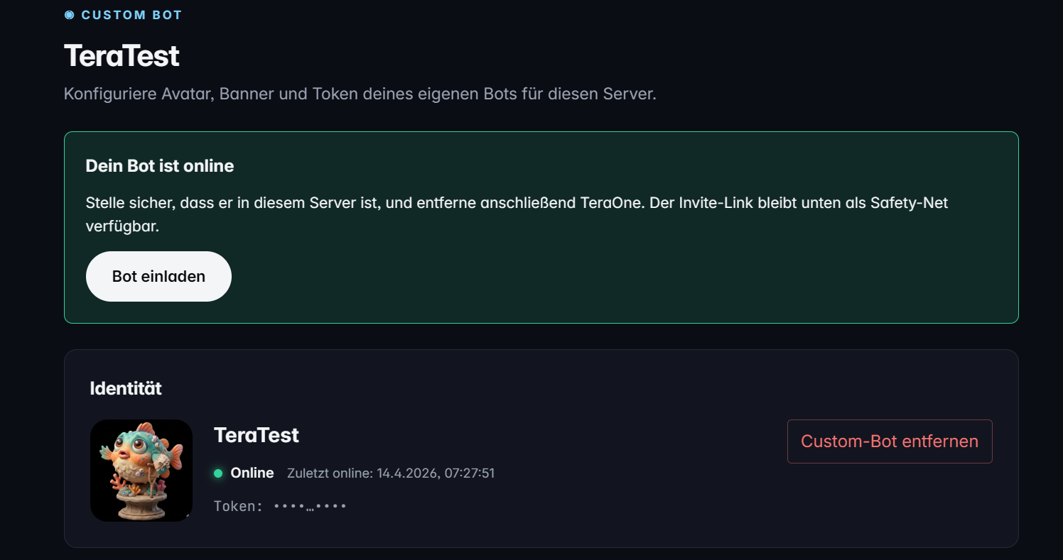 TeraOne Dashboard — Custom-Bot-Konfiguration mit Status und Identität