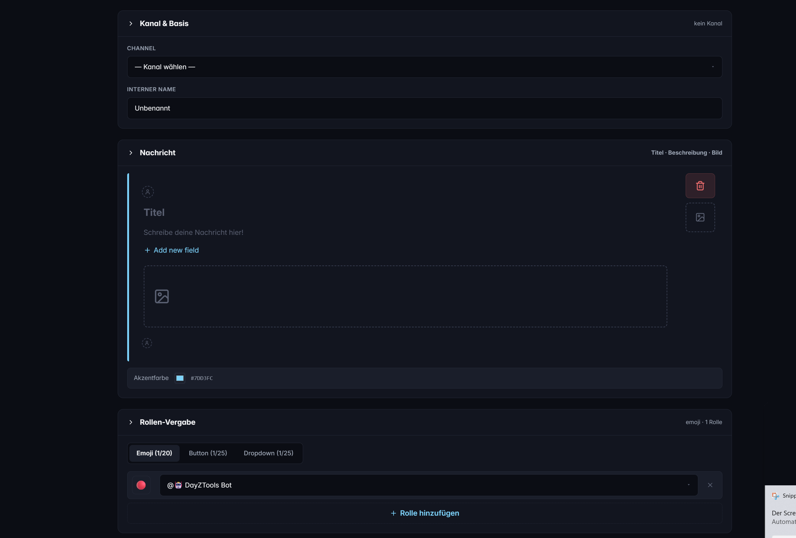 TeraOne Dashboard — Reaction-Roles-Editor mit Embed-Preview und Interaktions-Typ-Auswahl